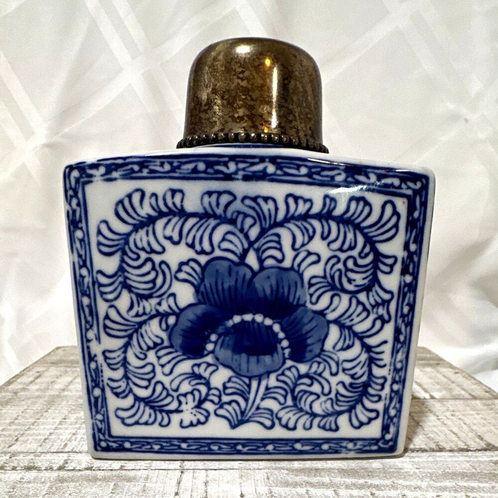 Blue & White Floral Ceramic Canister Jar w/ Metal Lid, Rectangle 5 in